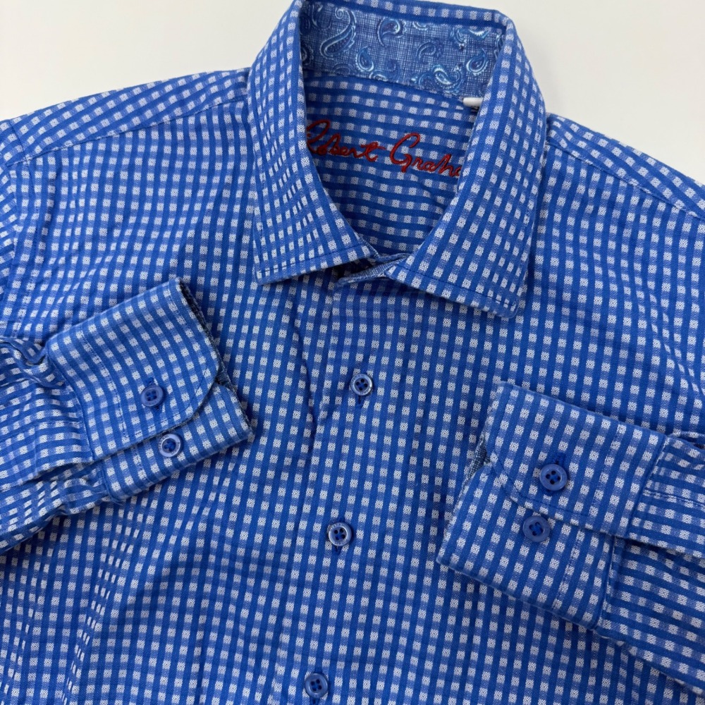 Robert Graham Boys Blue Gingham Button Down Shirt Medium 10-12 Paisley